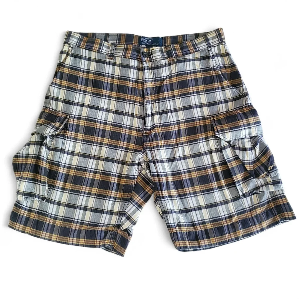 POLO RALPH LAUREN Y2K Vintage‎ Preppy Mandras Plaid Cargo Shorts Men's Size 35